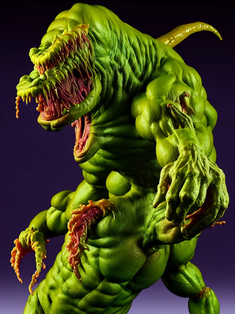 Image similar to hyperrealistic rendering, fat smooth cronenberg flesh monster predator by bernie wrightson and killian eng and joe fenton, product photography, action figure, sofubi, studio lighting, colored gels, colored background