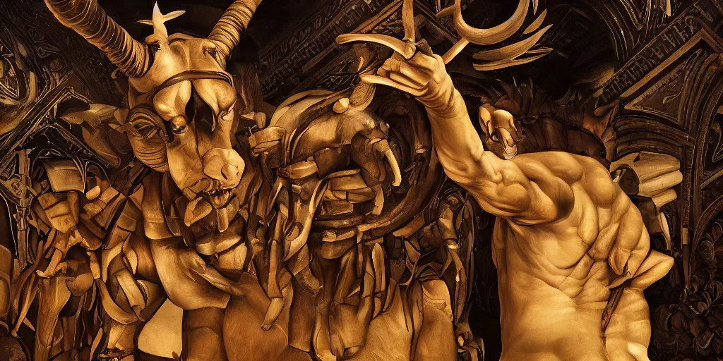 Image similar to Minotaur in a Maze, by Caravaggio, studio ghibli, cinematic lighting, intricate, highly detailed, digital painting, trending on artstation, Illustration, epic scale