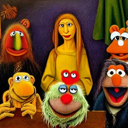 Prompt: realistic painting of muppets at church, in the style of hieronymus bosch and johannes vermeer