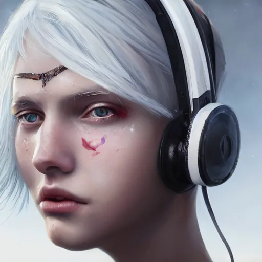 Image similar to a white haired girl wearing earmuffs with cyborg eyes, digital art, 8 k resolution, unreal engine, highly detailed, pretty face, very beautiful face, very detailed eyes, photorealistic by wlop, greg rutkowski