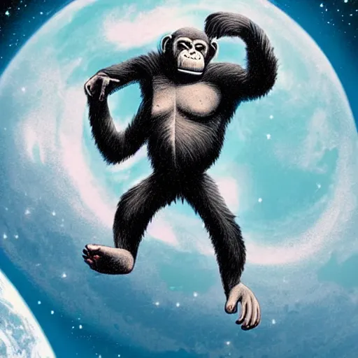 Prompt: an ape astronaut floating through the beautiful cosmos