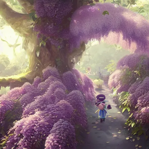 Prompt: animal crossing skye under Wisteria, floral explosion, radiant light, vortex of plum petals, oil painting, Tooth Wu, Greg Rutkowski, RPG portrait, dynamic lighting, fantasy art, High contrast, depth of field