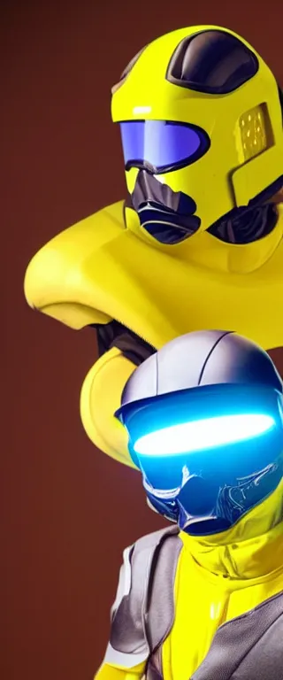 Image similar to Soft yellow-suited usurper alien soldier with soft-yellow motocross helmet with blue glowing visor, holding an alien soft yellow energy rifle.