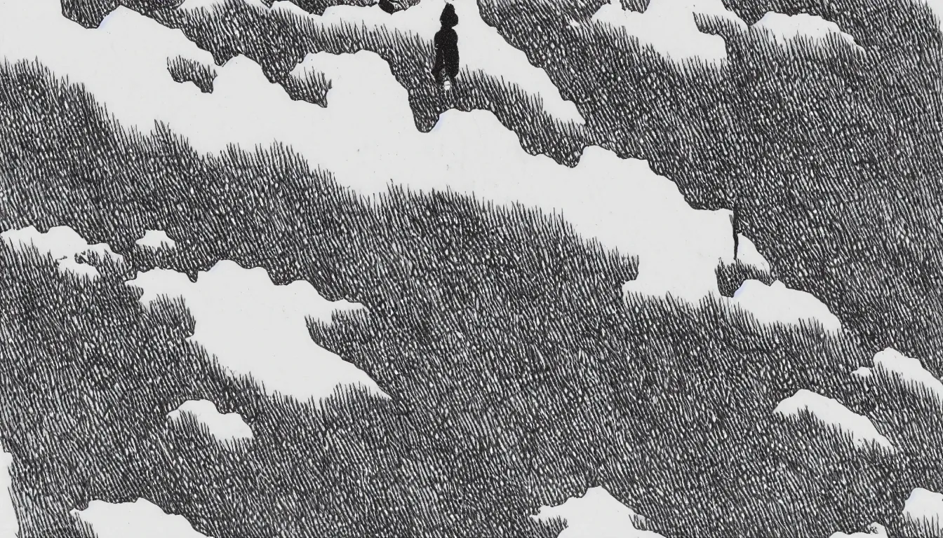 Prompt: lone backpacker on mountain ridgeline, minimalist line art by hokusai, clean long lines, ultra detailed