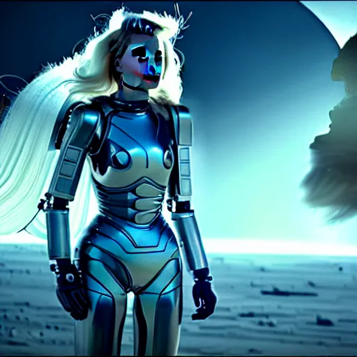 Prompt: margot robbie as a robot battle angel warrior fighting on the moon, scifi, nebula reflections, futuristic background, dreamy, long white hair, blue android eyes, glowing, 8 k high definition, insanely detailed, intricate, innocent, art by akihiko yoshida, antilous chao, li zixin, woo kim