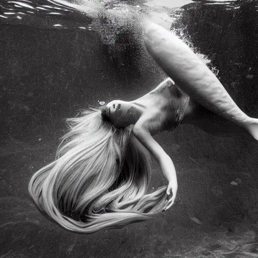 Image similar to black and white photograph of a beautiful mermaid swimming underwater, hyperdetailed, 4 k,