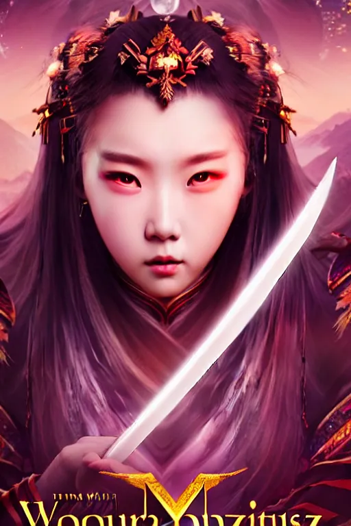 Image similar to beautiful cinematic fantasy poster, wuxia sword dance heroine, beautiful glowing galaxy eyes, hybrid from Dynasty Warriror and art direction by tian zi, WLOP, Darius Zawadzki cinematic quality character render; low angle; ultra high quality model; production quality cinema model;