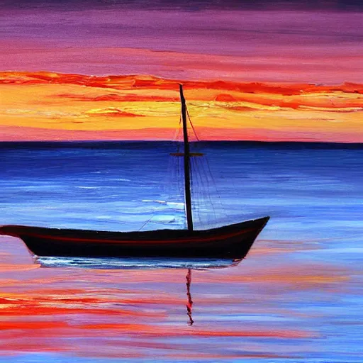 Prompt: highly detailed boat in a calm sea, sunset, 4k, oil painting