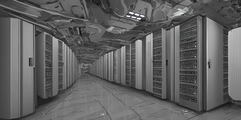 Image similar to parallax datacenter server room white rusty robocowboy in artstation