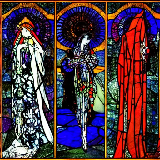 Prompt: madoka magica, artwork by Harry Clarke, stained glass