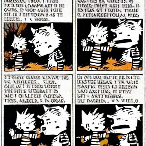 Image similar to calvin and hobbes got really dark all of a sudden. newspaper strip from the 1 9 8 0 s