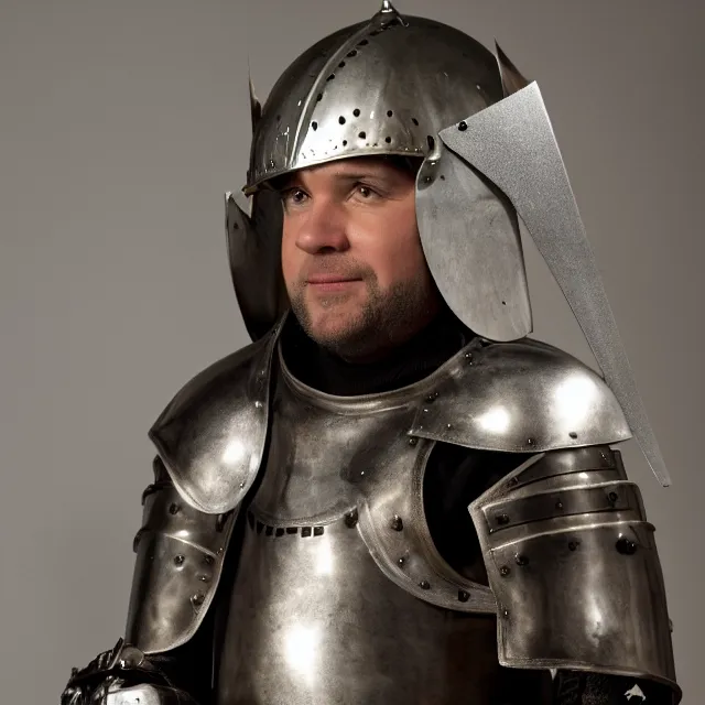 Prompt: host of a late night talk show who wears a medieval knight's helmet