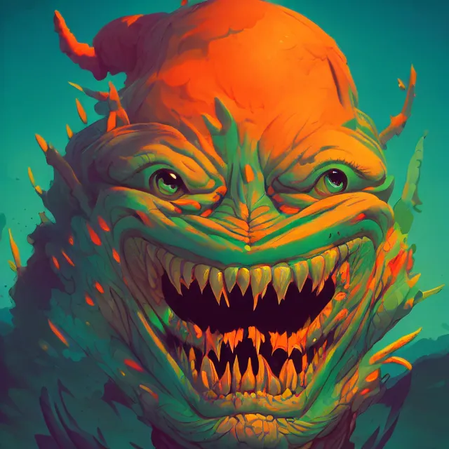 Prompt: happy monster, sticker, close up, wlop, dan mumford, artgerm, liam brazier, peter mohrbacher, 8 k, raw, featured in artstation, octane render, cinematic, elegant, intricate