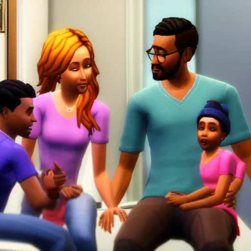 Image similar to Photo of a sims 4 family sitting on the toilet while holding hands, video game, 4k, high quality, wide angle,