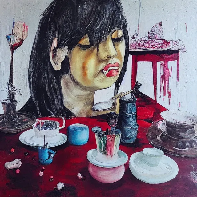 Prompt: “ a portrait in a female art student ’ s apartment, sensual, a pig theme, pork, pottery supplies, pottery work in progress, a candle dripping white wax, pottery glaze, squashed berries, berry juice drips, acrylic and spray paint and oilstick on canvas, surrealism, neoexpressionism ”