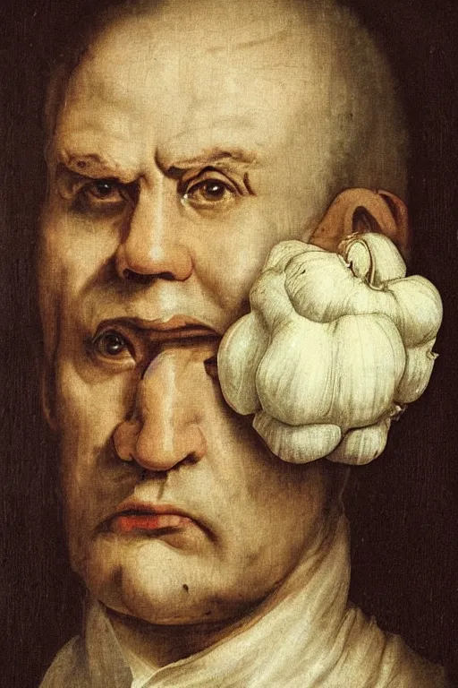 Prompt: man's face on garlic portrait, baroque painting, smug