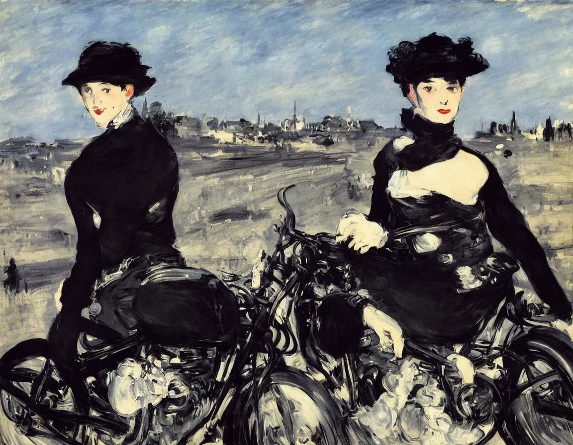 Prompt: edouard manet. a wide portrait of a marie from the side all dressed in black on a motorcycle on a highway looking over her shoulder towards us. blue sky. dawn. competition. smiling. city. there is another motorcycle blurred in the background. precise thin brush strokes. expressive. emotional. modern.