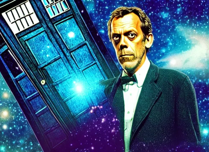 Image similar to product photo still of vhs cover of hugh laurie as doctor who in front of a nebula through the open door of the tardis on a vhs box