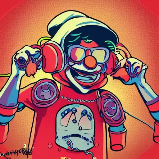 Prompt: artgerm, psychedelic laughing cybertronic mr. krabs, rocking out, headphones dj rave, digital artwork, r. crumb, svg vector