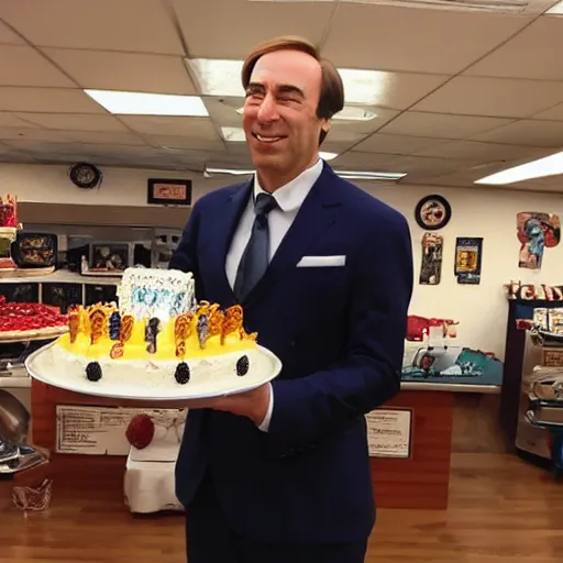 Prompt: saul goodman, smiling, holding a birthday cake