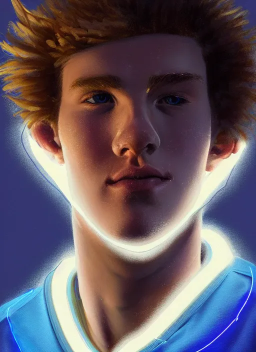 Image similar to portrait of high school senior boy named big moose, blonde short hair, jock, beefy, wide face, square jaw, square facial structure, blue varsity jacket with letter r, intricate, elegant, glowing lights, highly detailed, digital painting, artstation, concept art, sharp focus, illustration, art by wlop, mars ravelo and greg rutkowski