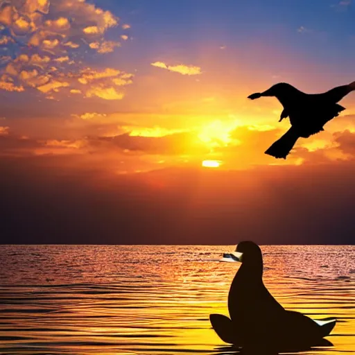 Image similar to the buddha riding a duck into the sunset