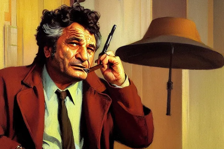 Image similar to homicide detective columbo ( peter falk ) in his messy trenchcoat, smoking a cigar while rubbing his head thinking. 1 9 8 0 s oil painting in the style of edward hopper and ilya repin gaston bussiere, craig mullins, j. c. leyendecker. warm colors. detailed and hyperrealistic. concept art