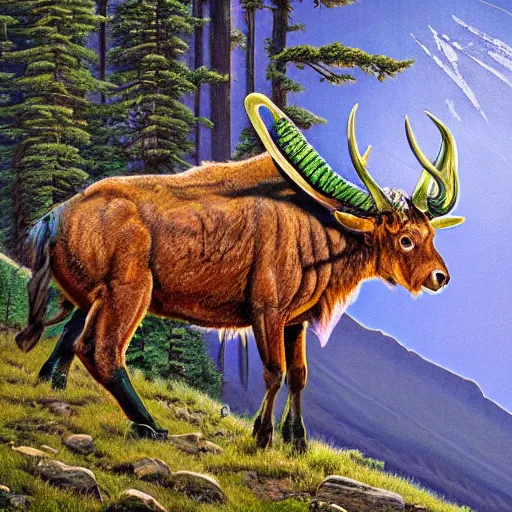 Prompt: ((cryptid)) in banff national park, by Jason Edmiston, spotted muscular intrepid green horned beast, 4K HD, ultrarealistic, dappled lighting, obsidian hooves