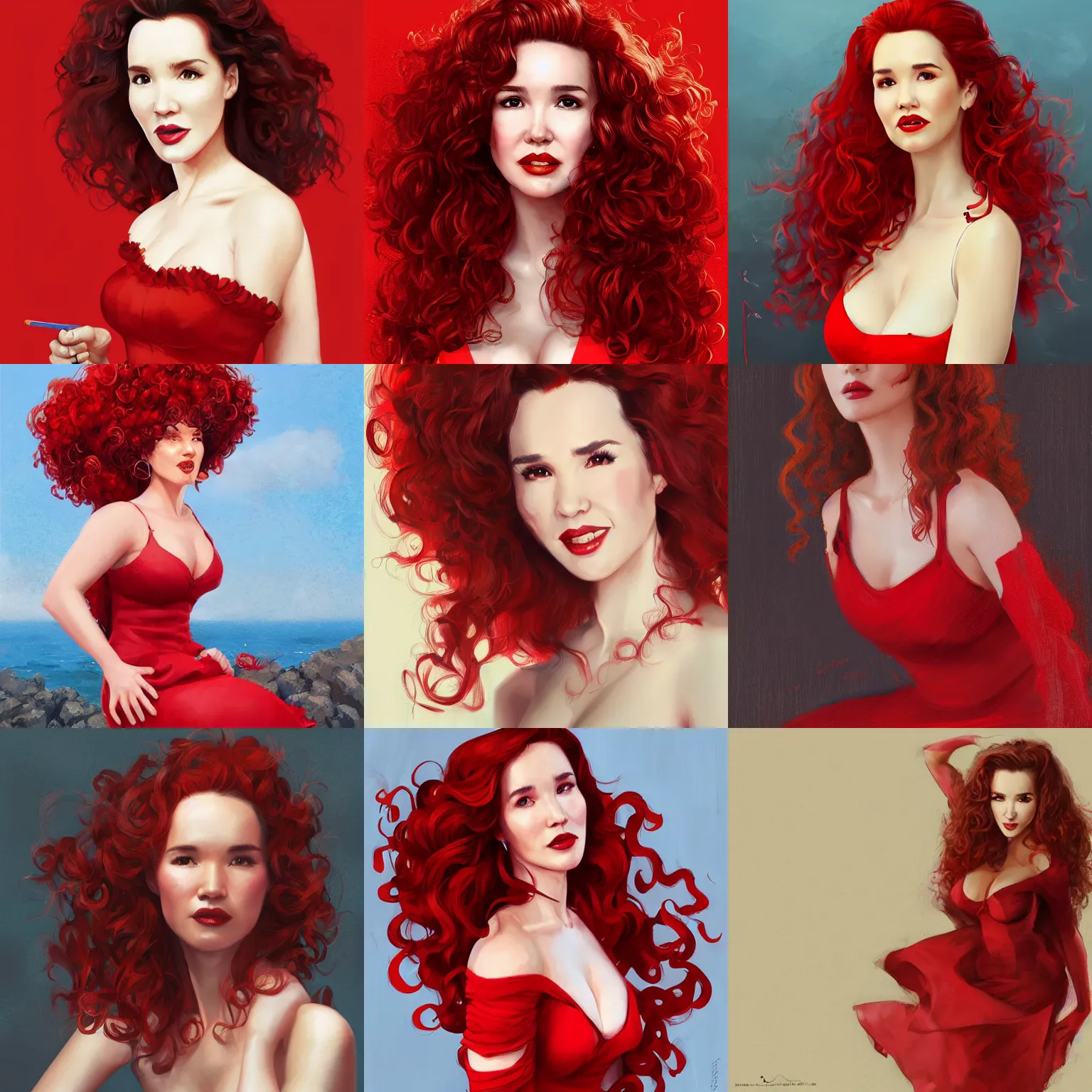 Prompt: A medium shot portrait of Natalia Oreiro with curly ginger hair wearing a red dress, by Stanley Artgerm Lau, WLOP, by Rossdraws, by James Jean, by Andrei Riabovitchev, by Marc Simonetti, and by Sakimi chan, trending on artstation