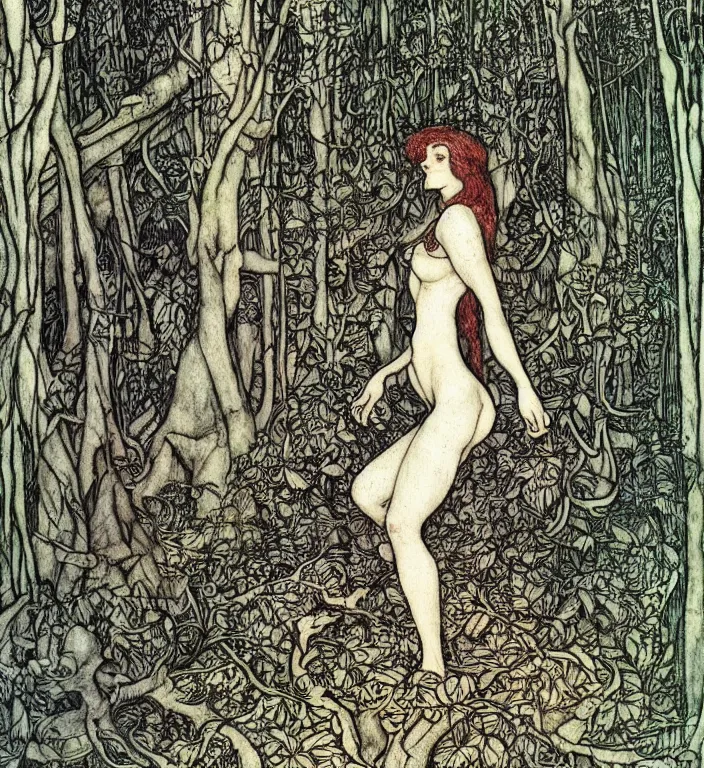 Prompt: person in the forest by Ivan Bilibin, Arthur Rackham, Vania Zouravliov, high quality, ultra detailed