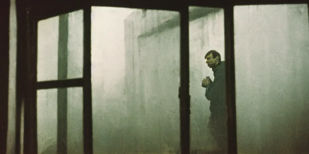 Prompt: detailed analog medium format photo from tarkovsky movie stalker, man looking through window while someone sneakily watches him fro outside, haze, high production value, intricate details, 8 k resolution, hyperrealistic, hdr, photorealistic, high definition, tehnicolor, award - winning photography, masterpiece, amazing colors
