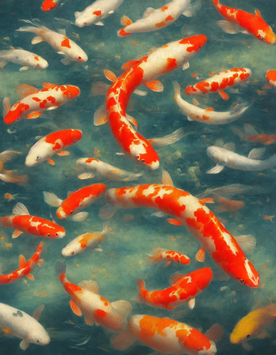 Image similar to koi fishes swimming in the sky and under the sea, ambrosius benson, oil on canvas, paul lehr, hyperrealism, around the edges there are no objects