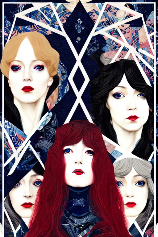 Prompt: triad of muses, representing the 3 winter!!! months of december, january and february, style mix of æon flux, shepard fairey, botticelli, john singer sargent, pre - raphaelites, shoujo manga, harajuku fashion, stark landscape, muted dark colors, superfine inklines, ethereal, 4 k photorealistic, arnold render