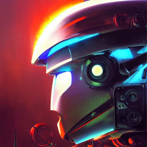 Prompt: a dark and colorful close - up side profile portrait of a sci - fi mecha robot with led lights glowing fog in the background. highly detailed science fiction painting by norman rockwell, frank frazetta, and syd mead. rich colors, high contrast, gloomy atmosphere, dark background. trending on artstation