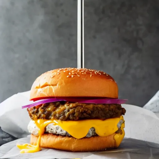 Image similar to cheeseburger overflowing with cheese