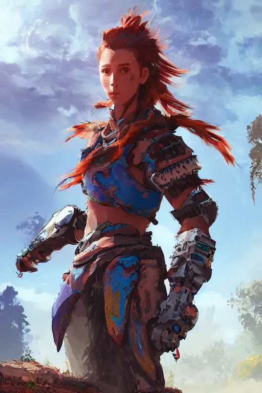 Image similar to combination suit armor aloy horizon forbidden west horizon zero dawn radiating a glowing aura global illumination ray tracing hdr fanart arstation by ian pesty and alena aenami artworks in 4 k tribal robot ninja mask helmet backpack