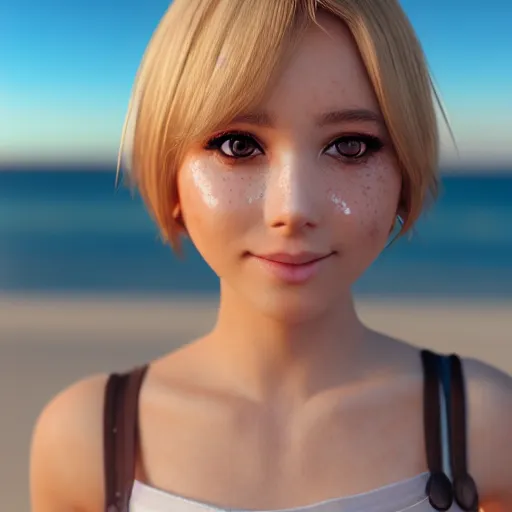 Image similar to Render of a very beautiful 3d anime girl, short blonde hair, hazel eyes, cute freckles, full round face, short smile, cute sundress, golden hour, serene beach setting, medium shot, mid-shot, highly detailed, trending on Artstation, Unreal Engine 4k