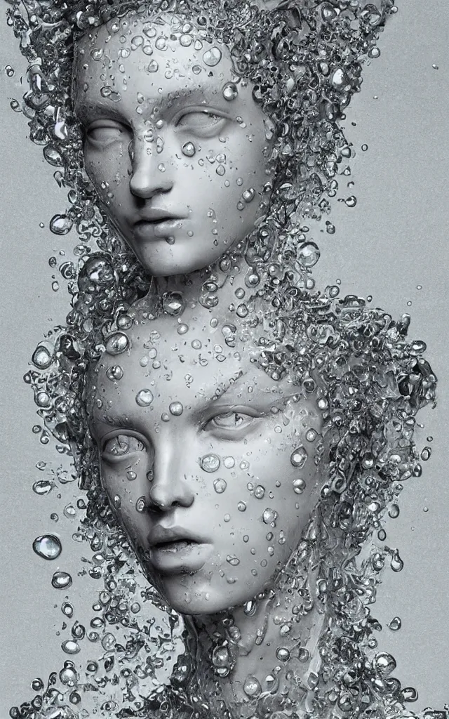 Prompt: sculpture made of water, portrait, female, future, queen, Harpers Bazaar, Vogue magazine, insanely detailed and intricate, concept art, close up