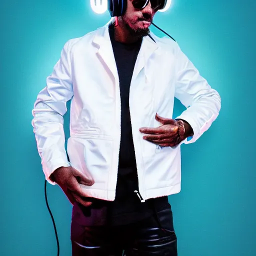 Image similar to the goat dj in a white jacket, retrowave, neon light,