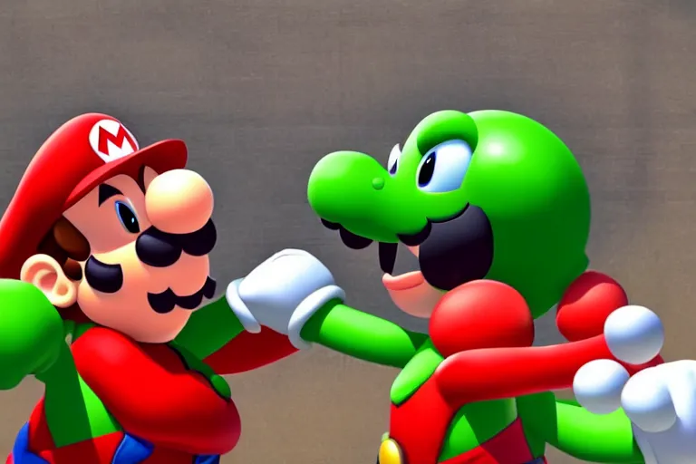 Image similar to a photo of mario punching yoshi in the face, photorealistic, 8 k