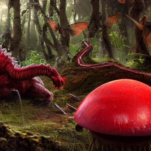 Prompt: a nature photo of a cute fury monster eating bugs for lunch while sitting on a red mushroom in the fantasy forest, extremely detailed, wide shot, sharp and detailed, Octane render