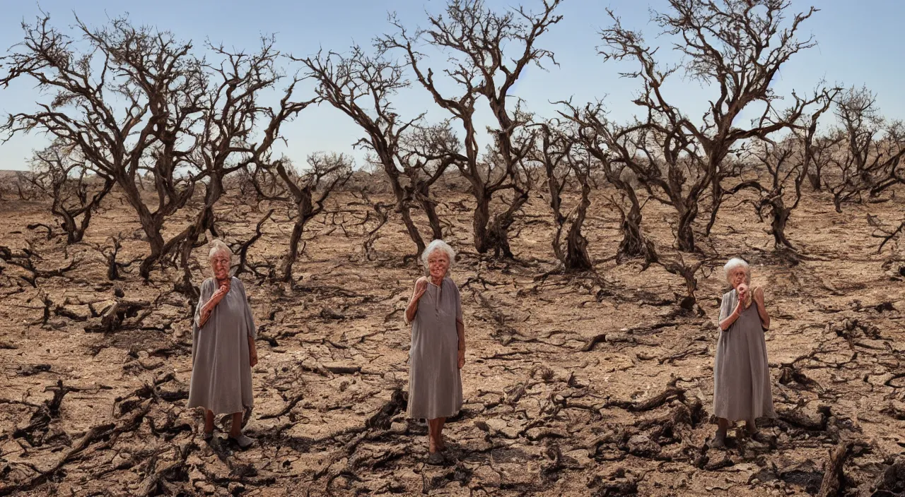 Prompt: full shot of a 65-year-old Gaia, crying emotionless, facing the camera and standing in front of a dried up river in a desolate land, dead trees, blue sky, hot and sunny, highly-detailed, elegant, dramatic lighting, artstation, 4k, cinematic landscape, photograph by Elisabeth Gadd