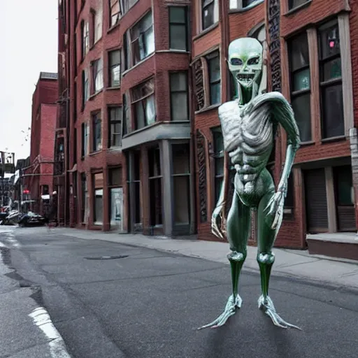 Prompt: an 8 k super hi res hdr realistic humanoid alien walking down a street in brooklyn