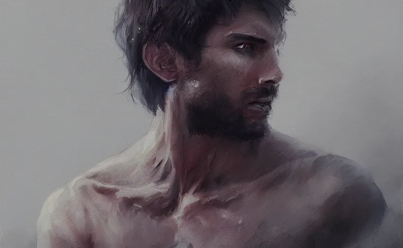 Image similar to a painting of arkul trending on artstation in the style of greg rutkowski, beautiful, male, sensual, natural skin, muscular, stubble, warrior, tattoos