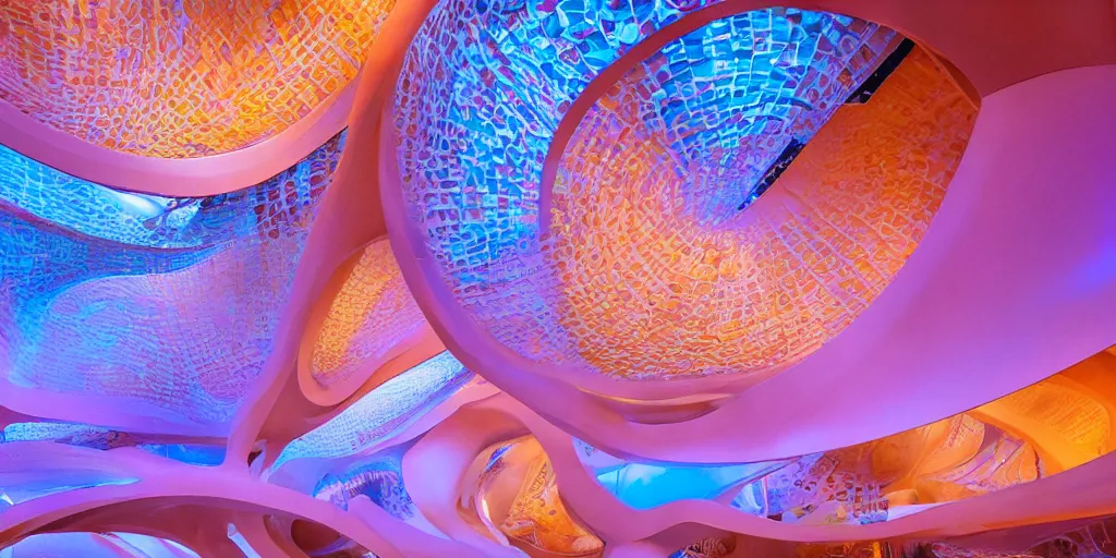 Image similar to extremely detailed awe stunning beautiful futuristic smooth curvilinear museum interior, translucent gills, hyper real, 8k, colorful, 3D cinematic volumetric light, atmospheric light