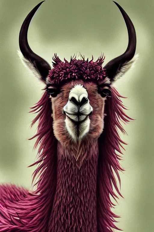 Image similar to Anthro Portrait of japanese llama, D&D, dark fantasy, anthro portrait, sakura blooming on background, intricate, elegant, llama portrait, highly detailed, digital painting, artstation, concept art, smooth, sharp focus, llama, illustration, art by artgerm and greg rutkowski and alphonse mucha, daily deviation, very very llama