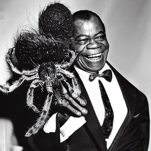 Prompt: louis armstrong holding a big hairy spider to his lips like a trumpet