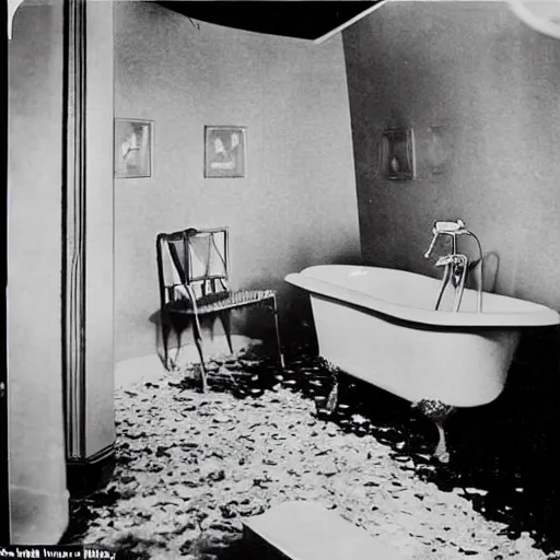 Prompt: a 1 9 5 0 s newspaper photo of a lavish bathroom. the mirror is shattered on the floor, shards of glass