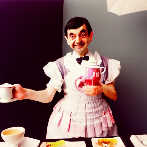 Image similar to close - up of mr. bean joyfully serving you tea at a japanese maid cafe, frilly outfit, soft focus, national geographic, depth of field, 3 5 mm, 8 k, photograph by annie leibovitz