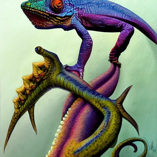 Prompt: monstrous chameleon by boris vallejo, sharp, intricate, highly detailed